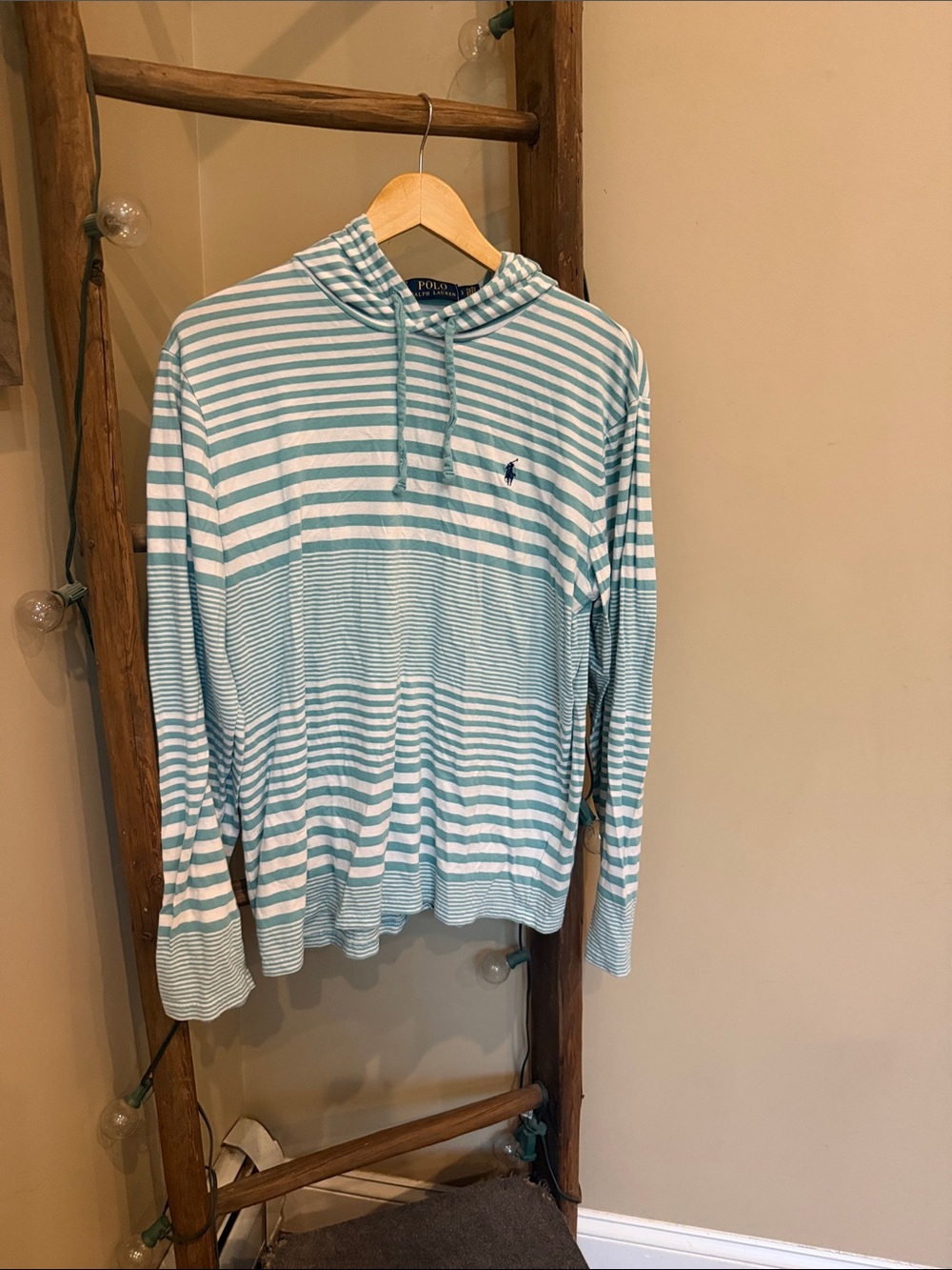 Polo by Ralph Lauren Men’s Light Blue & White Striped Hooded Crewneck Sweater